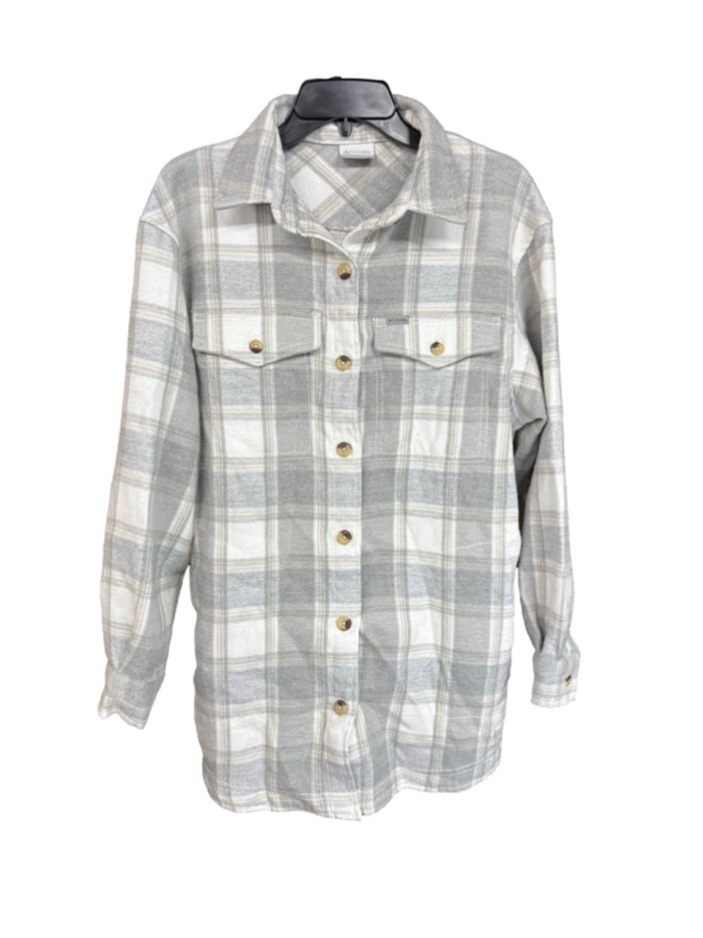 Women's Columbia Plaid Button Down Shirt Medium Grey White